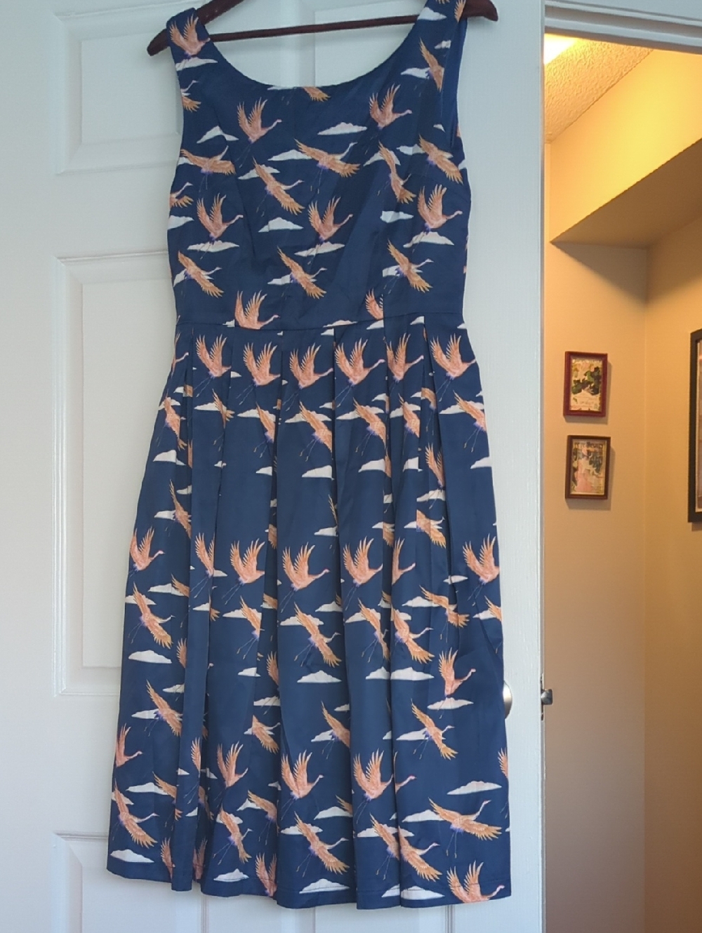 Lindy Bop Navy Blue Dress with Peach Crane Print